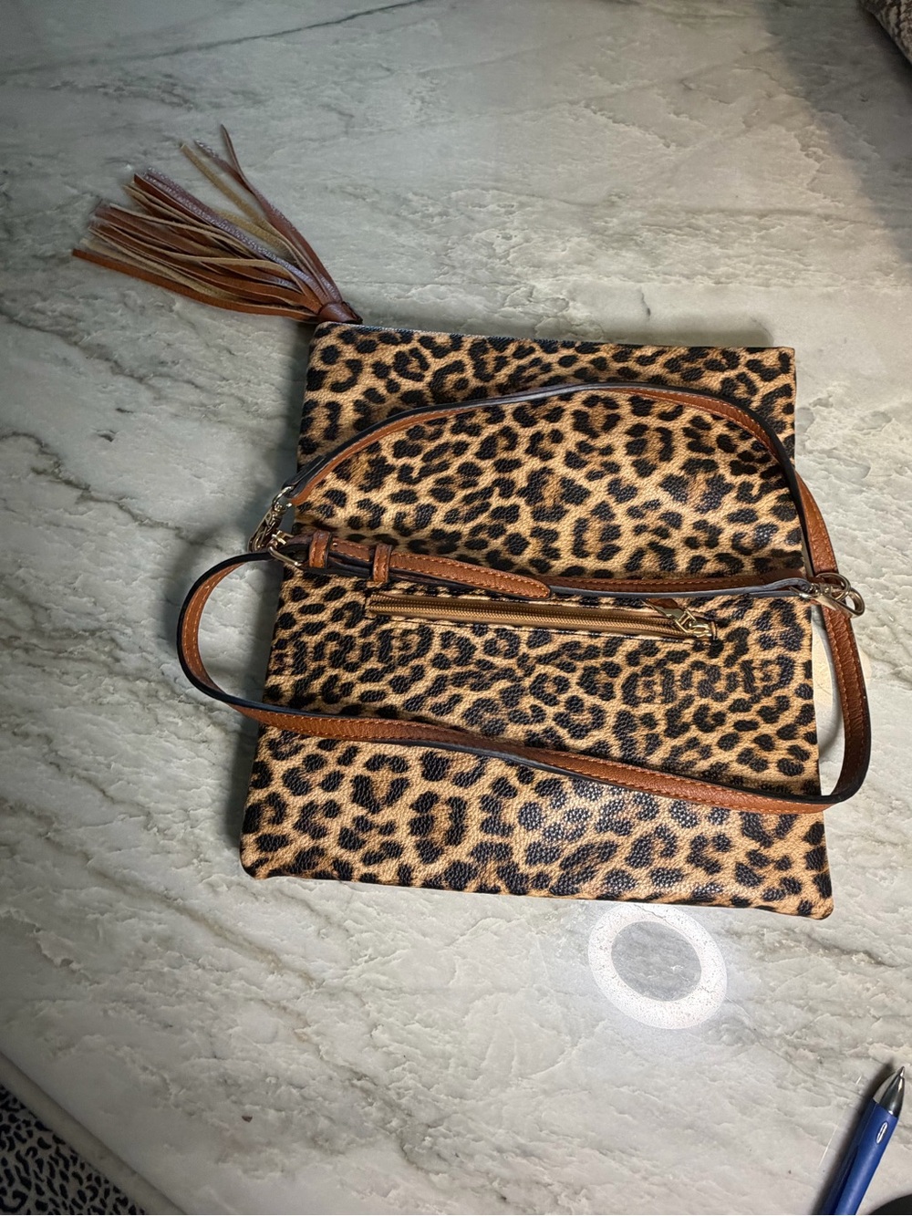 Leopard Print Fold-Over Crossbody Bag in Tan - Picture 4 of 7